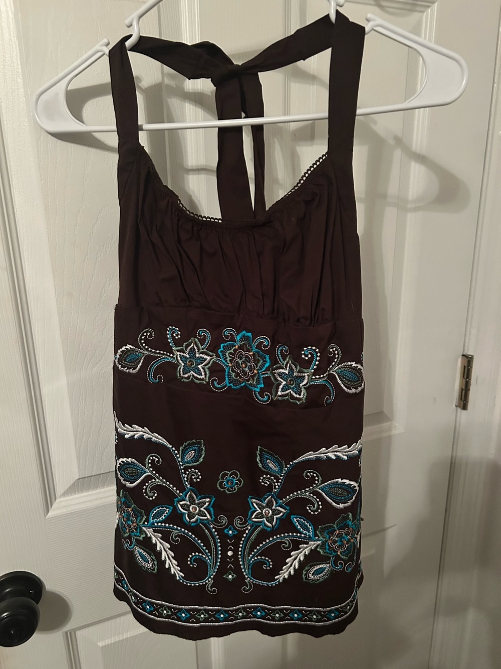 Y2K NWT Summer Halter Heart Soul Brown With Embroidered Floral Design Sz Large